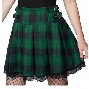 Chic Green Plaid Mini Skirt with Buckle Accents